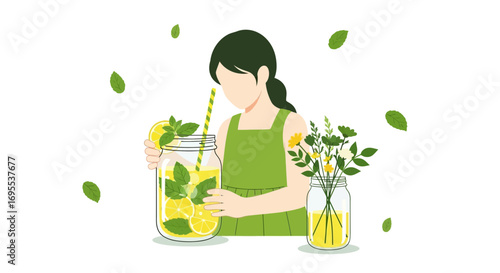 Refreshing Lemonade And Flowers, Illustration Of A Woman, Summer Drink Design