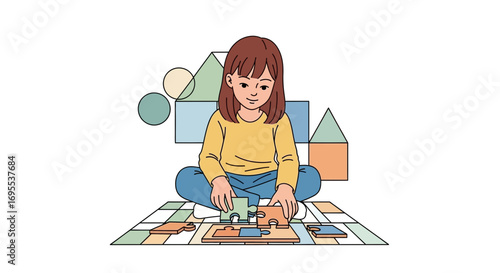 A little girl joyfully putting together a puzzle on the floor happily playing