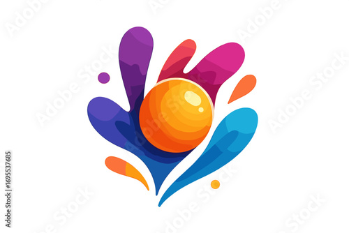 Vibrant modern logo design with abstract colorful shapes and central glossy sphere, creative vector cartoon illustration, dynamic graphic style, energetic visual identity