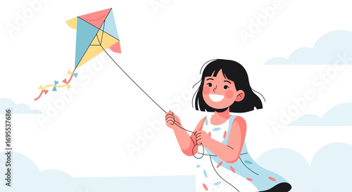 A Little Girl Having Fun Flying a Kite in a Bright Sky, Illustration