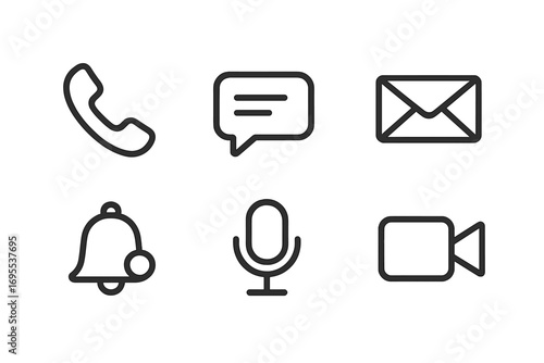Communication line icons set. Minimalist vector symbols: phone, message, email, notification, microphone, video call. For web design, mobile app interface, UI UX, contact us.