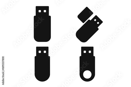 Minimalist USB flash drive icons set in black silhouette style. Vector illustration of memory stick and pen drive. Digital data storage and portable hardware concept.