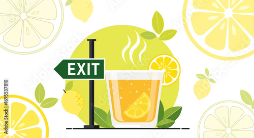 Refreshing Lemonade Sign with Exit Symbolizing Fresh Escape towards New Flavors