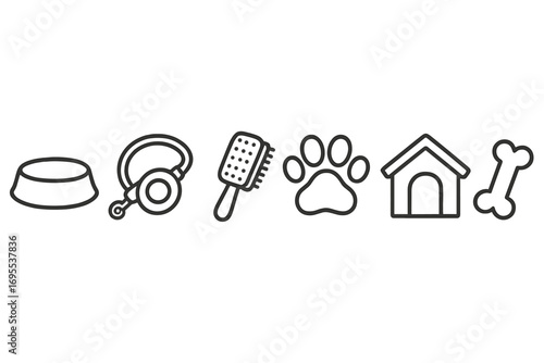 Pet care essentials outline icons of bowl leash brush paw print kennel and bone, vector cartoon illustration, pet accessories symbols, animal care tools set