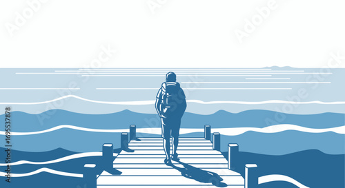 A lone traveler walks on a pier towards the horizon, a journey of self-discovery