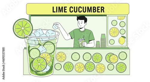 Refreshing Lime Cucumber Beverage Illustration with Ice Cubes and Sliced Citrus Fruits