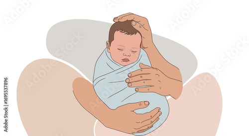 A lovely newborn baby being held gently in loving arms in an illustration