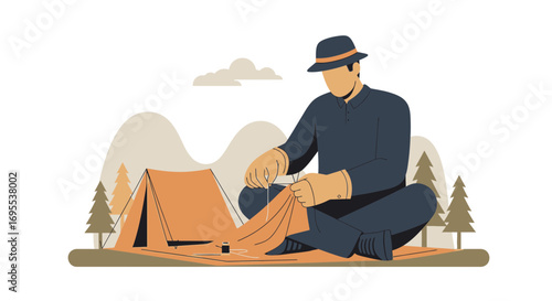 A man assembling a tent in a camping setting for an outdoor adventure activity