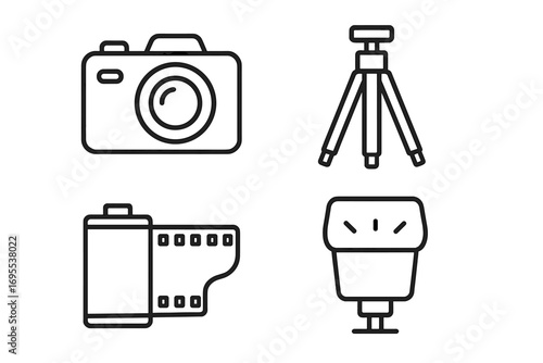 Linear photography icons set with camera, tripod, film roll, flash unit, and photo equipment illustrations. Vector cartoon style collection with transparent background for creative projects