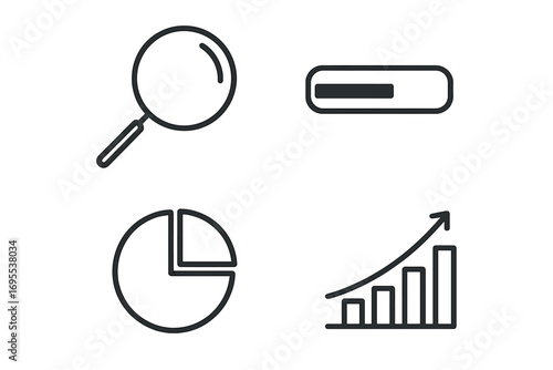 Business analysis thin line icon pack. Vector icons of search, data analytics, statistics growth graph, pie chart, and loading progress bar for web and apps. Editable stroke.