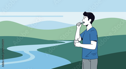 A man brushing his teeth outdoors near a river with scenic green landscape
