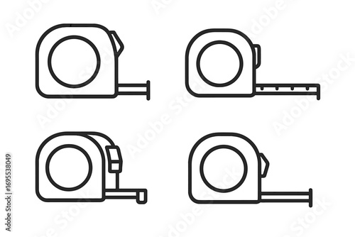 Tape measure collection in linear style. Vector icon set of measurement tools. Construction and repair roulette instrument for measuring length. Minimalistic cartoon illustration.