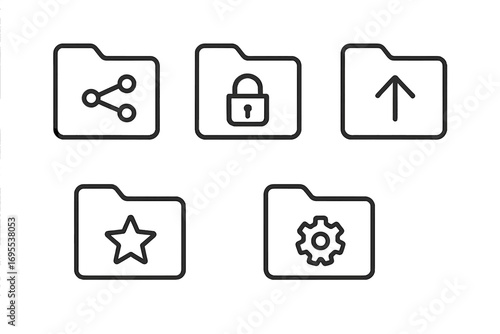 Minimalist folder icons set with share, security lock, upload arrow, favorite star, and settings gear symbols, simple line art vector, modern digital interface elements