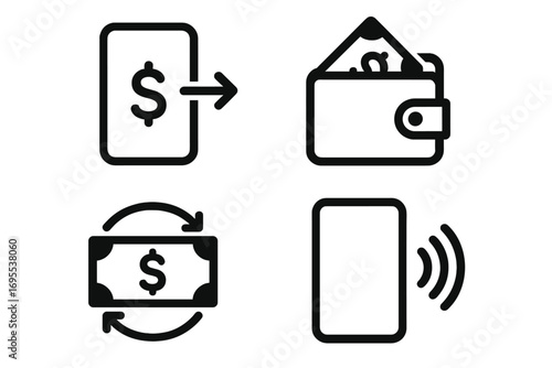Minimalist black icons for digital transactions and e-wallets, mobile payment symbols, money transfer, electronic cash exchange, modern finance vector set transparent background
