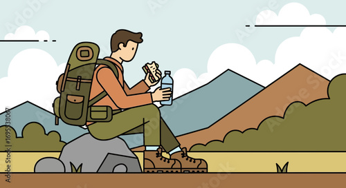 A man eating a sandwich and drinking water during a hiking break in nature