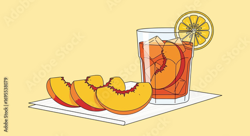 Refreshing Peach Cocktail Illustration With Lemon Garnish And Sliced Peaches Arrangement