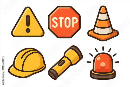 Safety icon set with warning sign, stop sign, traffic cone, construction helmet, flashlight, and emergency alarm light. Cartoon vector illustration for workplace safety and alert concepts