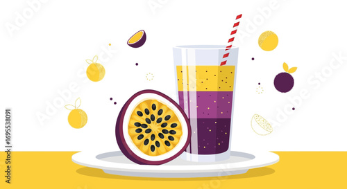 Refreshing Passion Fruit Smoothie with Vibrant Elements and Artistic Vector Illustration