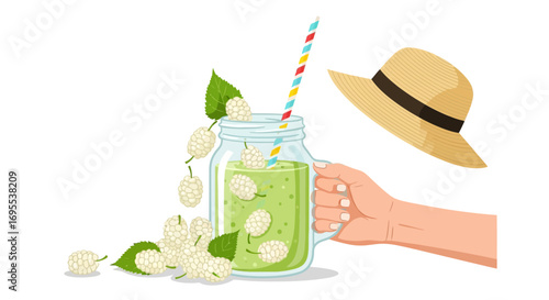 Refreshing Smoothie And Sun Hat On A Sunny Day Illustration