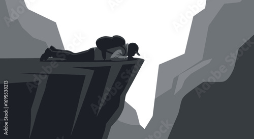 A Man Laying on A Cliff Looking Down Into A Canyon With His Backpack