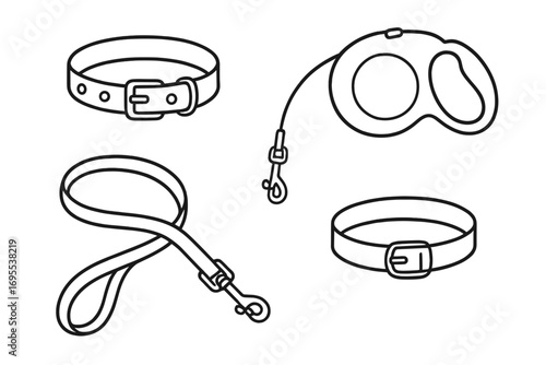 Outline dog leashes and collars collection. Vector cartoon illustration set. Pet accessories for walking and training. Retractable leash, standard lead, buckle collars icons.
