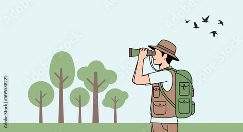 A man looking through binoculars in nature with trees and birds illustration