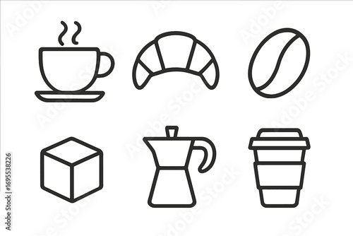 Minimalist Coffee Icon Set with Cup, Croissant, Coffee Bean, Sugar Cube, Coffee Pot, Takeaway Cup, Vector Cartoon Illustration, Transparent Background, Clean Line Art, Ordered Collection