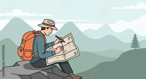 A man looking at a map while hiking in the mountains, travel and adventure