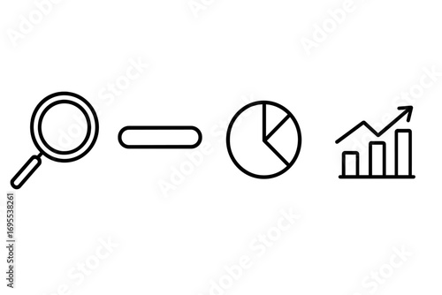 Business analytics data research vector icon set. Search loupe, loading bar, financial pie chart, stock market growth graph. Infographic elements for web and app design.