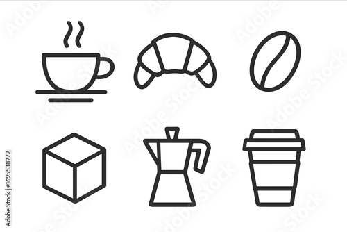 Minimalist coffee icons set featuring steaming cup, fresh croissant, espresso bean, sugar cube, moka pot, and takeaway cup, simple vector cartoon illustration for café and breakfast design