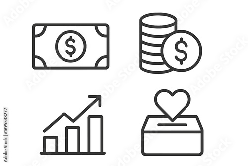 Simple finance and donation icons minimal design set for applications and websites, vector cartoon illustration with transparent background, money, coins, growth chart, charity box