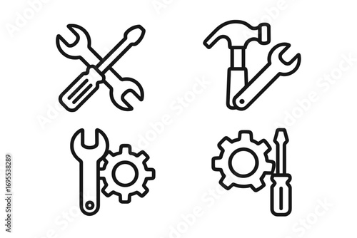 Simple line icons of repair and tool settings, vector cartoon illustration with transparent background, ordered set of wrench, screwdriver, hammer, gear symbols for maintenance and service concept