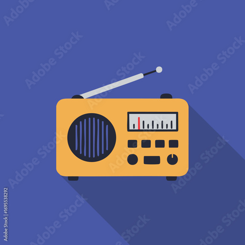 Illustration of a vintage yellow radio with antenna on a blue background.