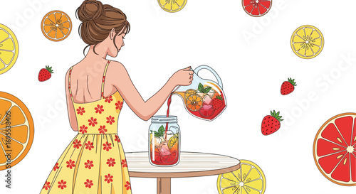 Refreshing Summer Drink Preparation by Woman in Sunny Floral Dress with Fruity Garnishes
