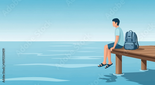A man sitting on the pier by the sea contemplating his thoughts during travel