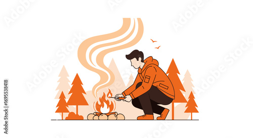 A man starting a campfire in the forest, a vector illustration