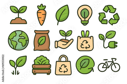 Various eco-friendly icons representing plants, vegetables, gardening, sustainability, recycling, green energy, organic farming, and environmental care in modern vector cartoon style