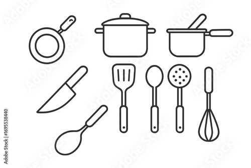 Minimalist kitchen utensils icon set in black and white outline style, vector cartoon illustration with frying pan, pot, saucepan, knife, spatula, spoons, whisk, cooking tools collection