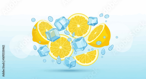 Refreshing Summer Lemonade Design with Ice Cubes and Splashes of Water for Beverage Themes