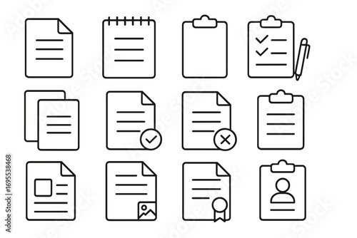 Document and clipboard line icon set for business. Office paperwork, forms, reports, and checklist symbols. Approved, rejected, contract, and certificate vector icons. Editable stroke.