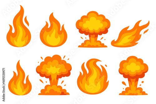 Various vibrant flame and explosion illustrations with bright orange and yellow cartoon fire shapes, stylized fiery bursts, and dynamic explosion clouds, vector set with transparent background