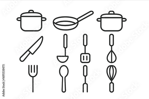 Minimalist black and white kitchen utensils icons set, cooking tools outline vector, pots, pans, knives, ladle, whisk, fork, spoon, spatula collection, transparent background