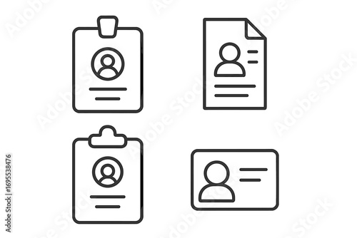 Vector set of personal info line icons. Employee badge, ID card, staff identification, resume, document, CV, clipboard. Human resources, hiring, corporate identity concept.