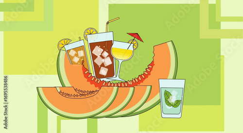 Refreshing Summer Sip Featuring Exquisite Melon Slices And Inviting Beverages Designs
