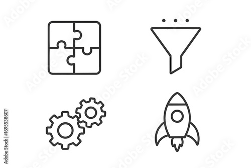 Business process and startup launch icon set. Vector line icons of puzzle for strategy, funnel for sales, gears for process and rocket for growth. Data analytics concept.