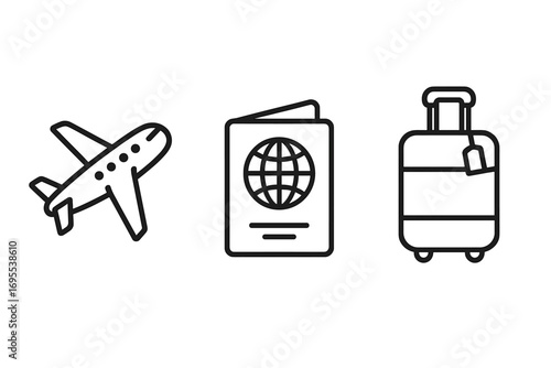 Simple travel icons set featuring airplane, passport, and rolling suitcase in linear style, vector cartoon illustration with transparent background, ordered travel concept