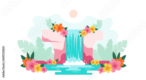 Refreshing Tropical Oasis: Serene Waterfall Surrounded by Lush Flora and Vibrant Sunshine
