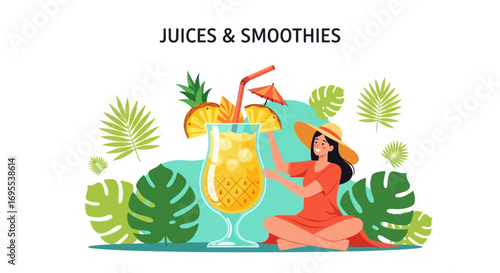 Refreshing Tropical Smoothie Illustration With Woman Enjoying A Sunny Beverage Moment