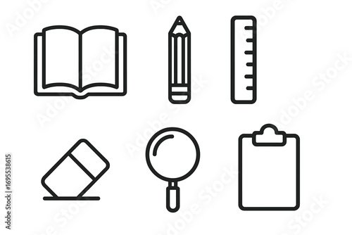 Minimalist outline icons of stationery set including open book, pencil, ruler, eraser, magnifier, clipboard, vector cartoon illustration, transparent background, office and school supplies collection