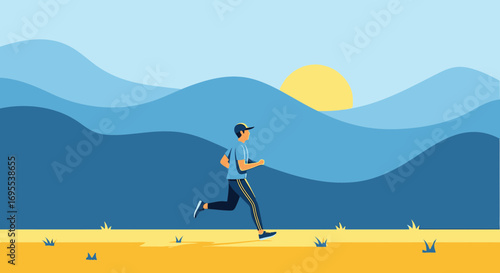 A minimalist illustration of a person jogging in a natural landscape at the sunset time